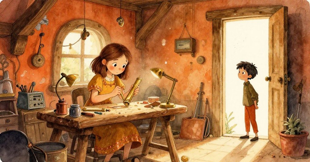 Rosa在溫暖的工作坊中使用黃銅管進行實驗，Glen在開放的門旁觀察，陽光灑入室內，展現故事開端。