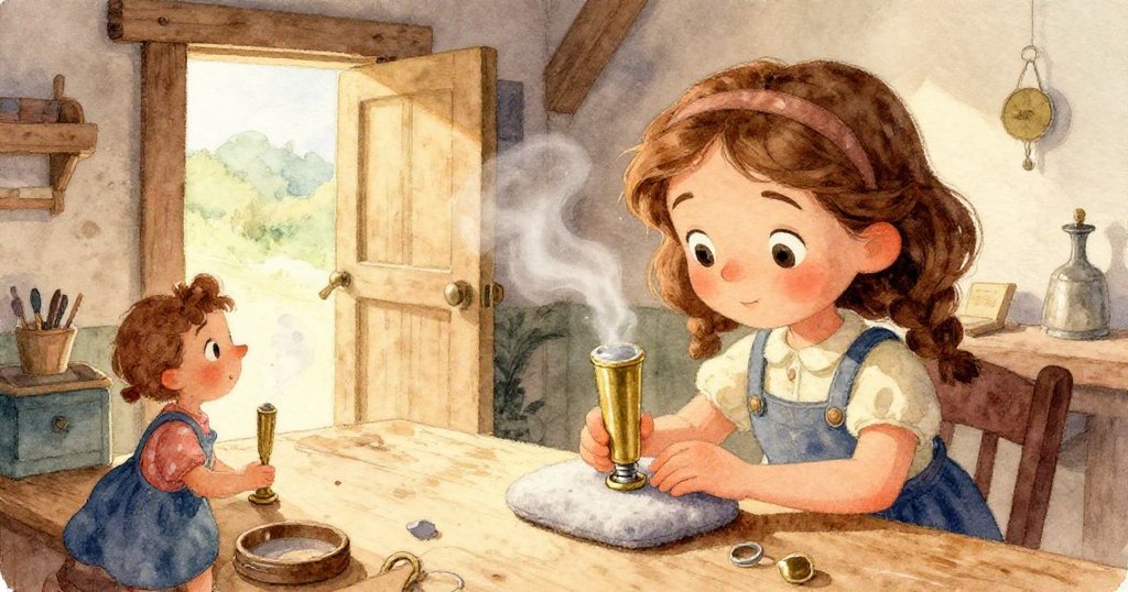 Rosa小心地將黃銅管壓在毛氈墊上，手部細節清晰展現她專注操作，傳達出實驗剛開始的溫馨情景。