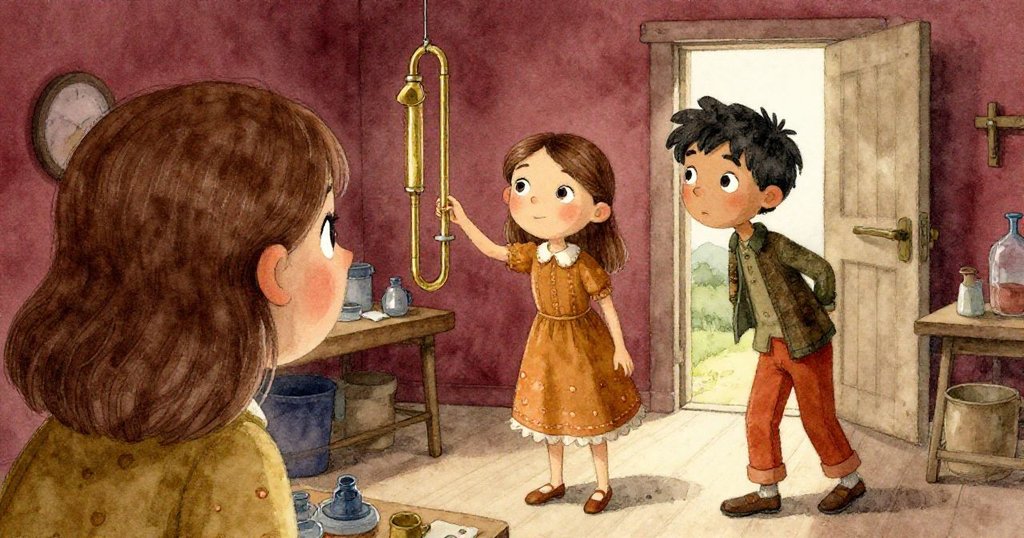 從小生物視角看，Rosa與Glen忙於實驗，門輕響與黃銅管震動交織，場景細膩展現工作坊氛圍。