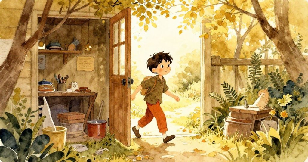 Glen走出工作坊，穿過開闊的門進入陽光燦爛的花園，自然光與暖色調展現轉場時刻。