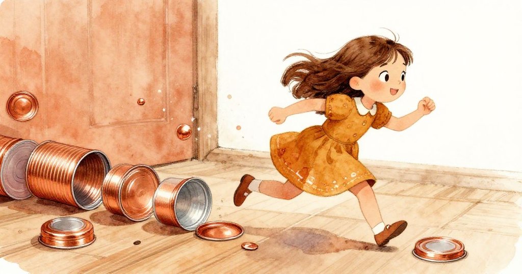 Rosa歡快追逐滾動的錫罐，動態場景展現她興奮的表情和迅速移動，銅色調與燃橙色增添畫面活力。