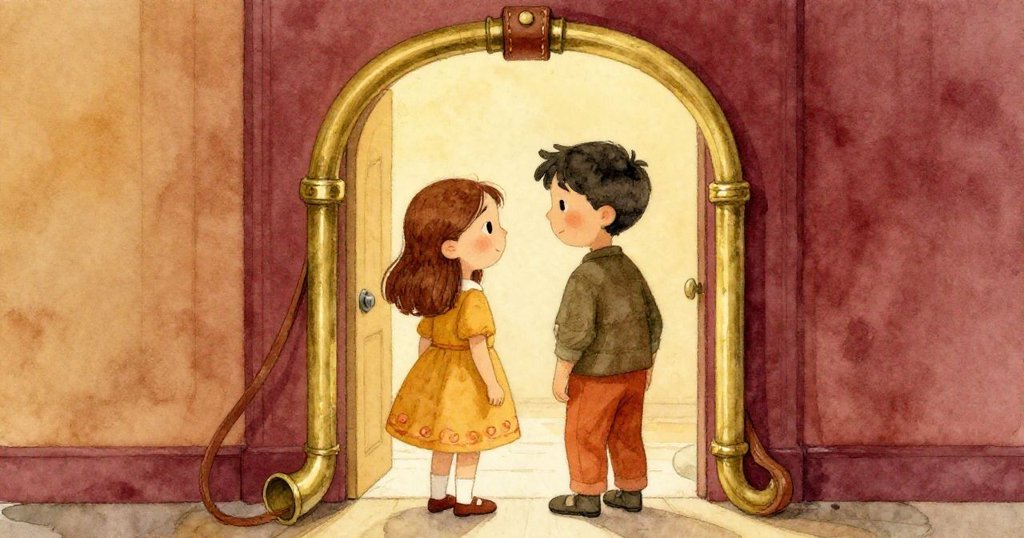 Rosa與Glen在工作坊門旁重逢，微笑中展現黃銅管與皮帶形成的寧靜拱門，傳遞實驗成功與溫暖結局。