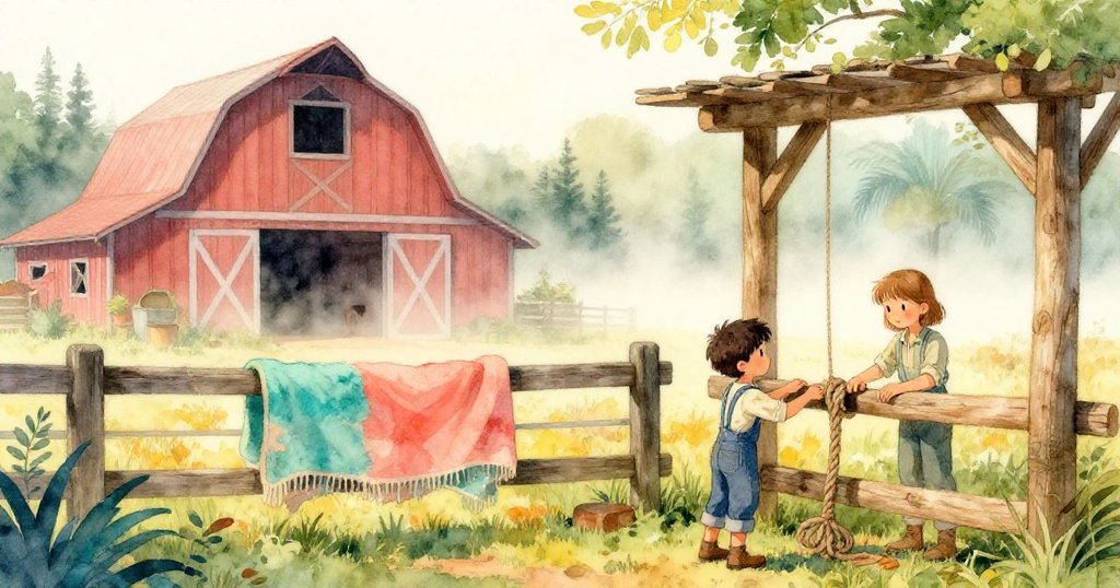 在清晨薄霧中，Grant在馬廄前扭轉舊毛毯，Hope餵繩線，兩人神情專注，環境古樸且溫暖。