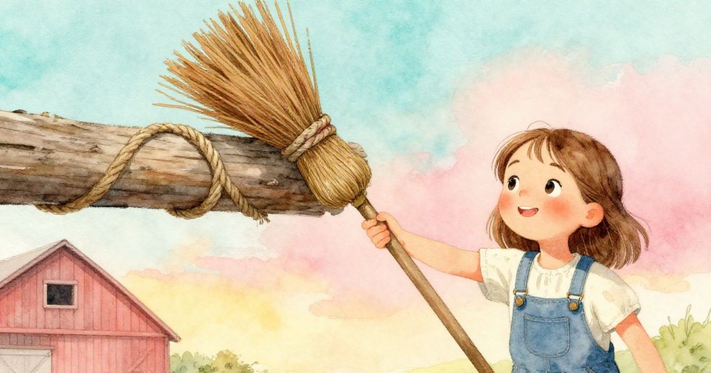 Hope迅速衝向斜靠欄杆的彎柄掃把，用力托住低垂繩索，細節豐富展現工具與動作。