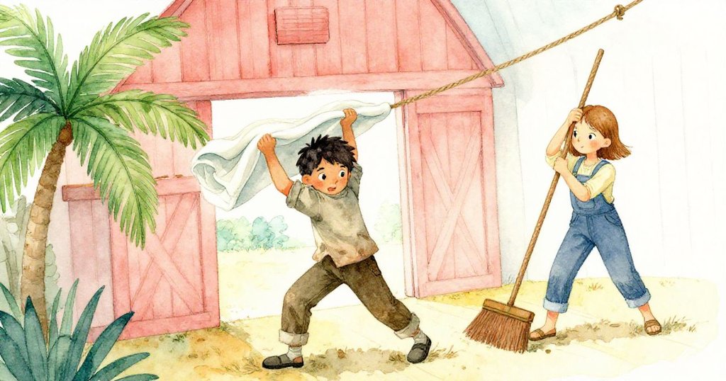 Grant用力拉毛毯上繩，Hope調整掃把柄，場景角度傾斜呈現動作緊張與協作活力。