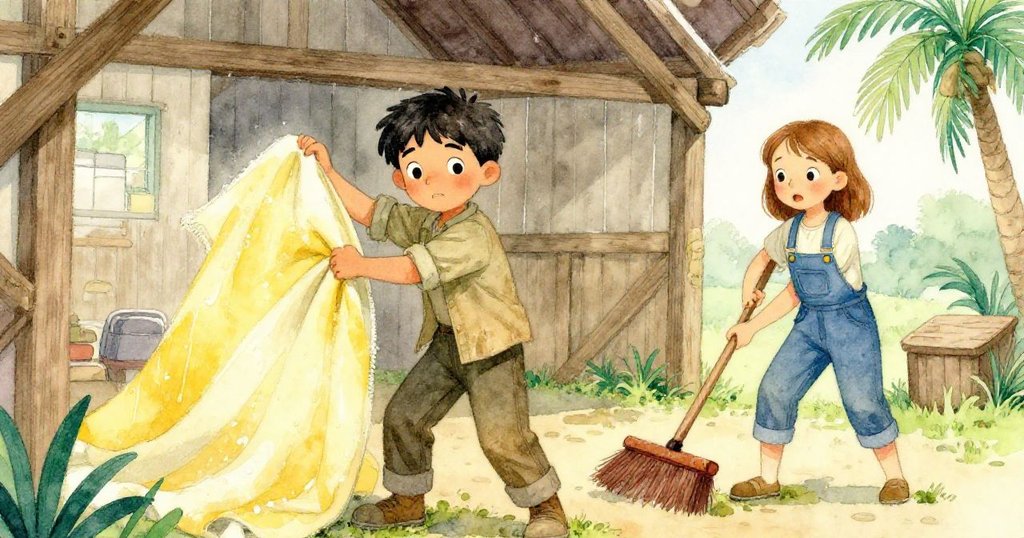 Grant細心調整最後毛毯，Hope輕輕敲打掃把柄，兩人專注神情中展現出堅韌與小心抉擇。