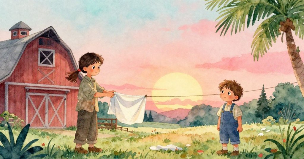 夕陽映照馬廄內，Hope整理濕布，Grant靜觀成果，溫馨氛圍中展現傳統與勞作後的寧靜。