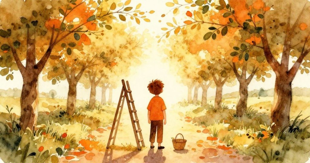 Finn站在果園小徑旁,木梯和藤籃襯托下,他的剪影在溫暖陽光中流露出期待與靜謐。