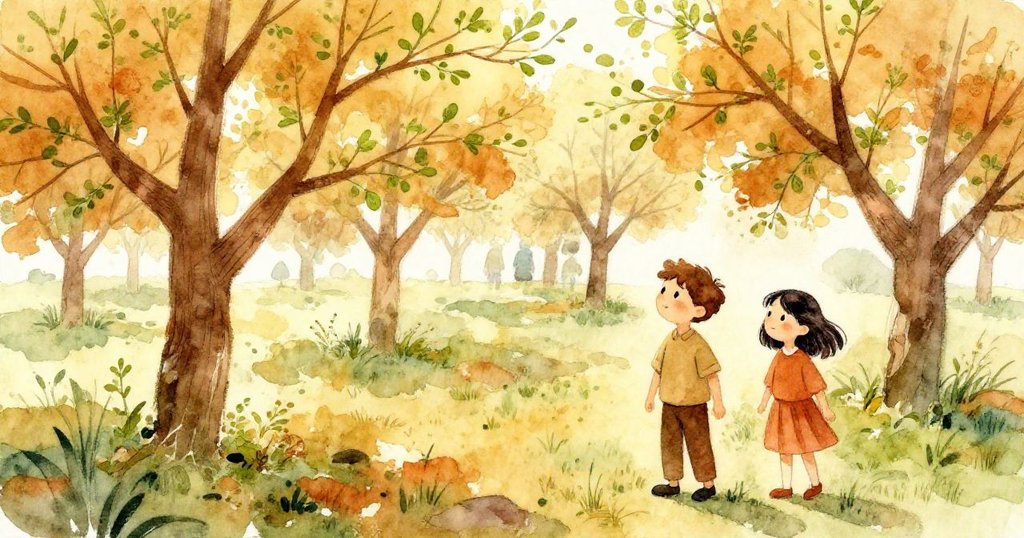 果園中綠芽初現,光影隨時變幻,Finn與Tess靜靜觀察著大自然的復甦與美麗轉變。