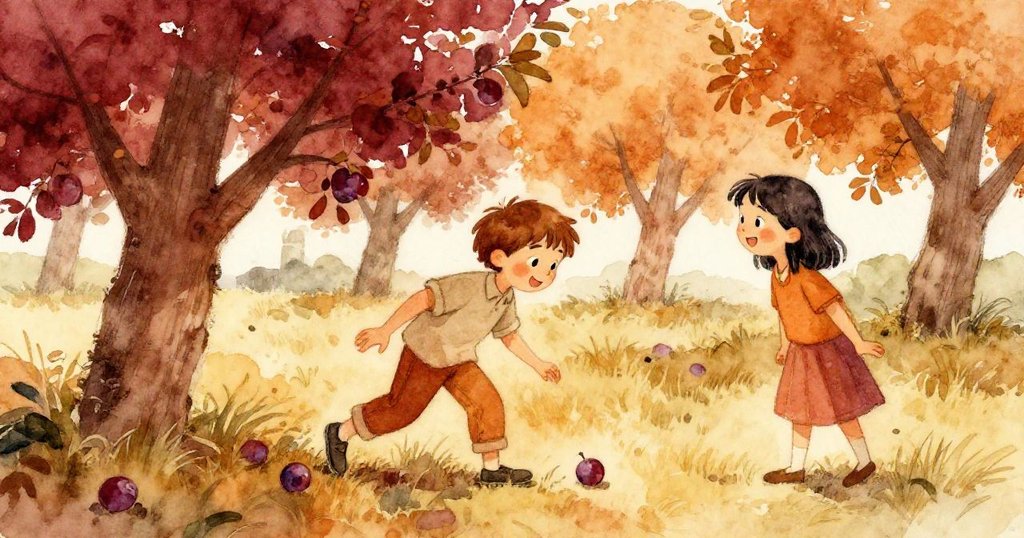 Tess輕用鞋子輕踢迷途李子回歸起點,Finn微笑旁觀,兩人默契合作,場景充滿溫馨互動。