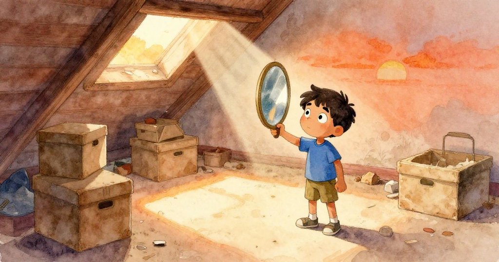 克魯斯在滿是灰塵的閣樓中舉著鏡子,光束從上方穿過房間,他表情充滿好奇與期待。