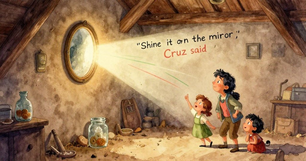 克魯斯的光線射在玻璃罐上,綠紅色彩在屋頂斜牆上跳躍,傳達出神奇魔幻的氣息。