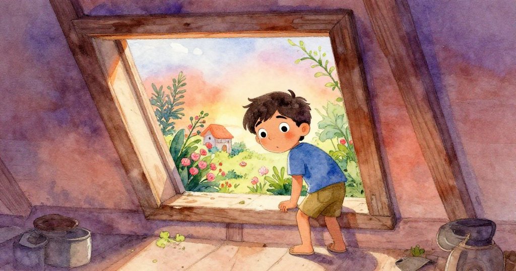 克魯斯透過打開的天窗望向外面生機勃勃的花園,室內外光影交錯,滿懷希望與新奇。