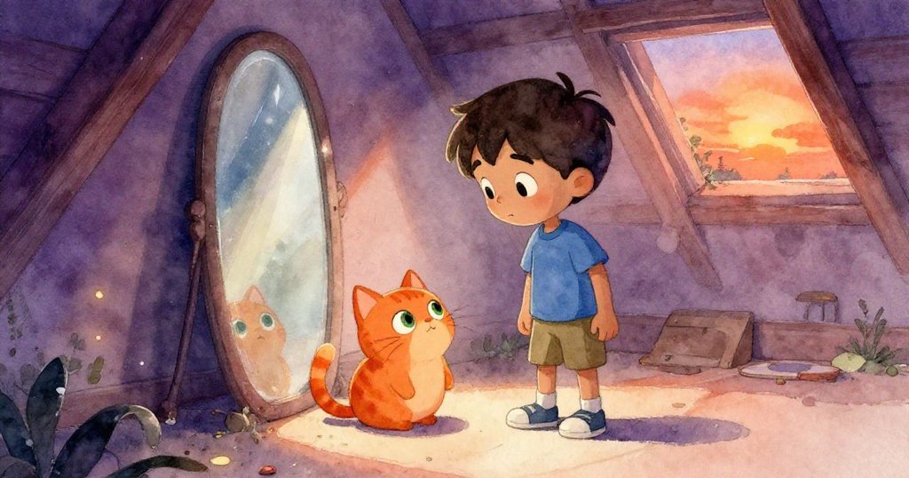 克魯斯與露娜在鏡子旁重逢,柔和光線帶來平靜,他們共同感受冒險後的希望與溫馨。