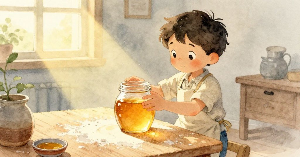 Jasper輕輕轉動玻璃蜂蜜罐，透過窗戶射入的陽光在麵粉桌上留下一道耀眼金光，流露好奇與喜悅。