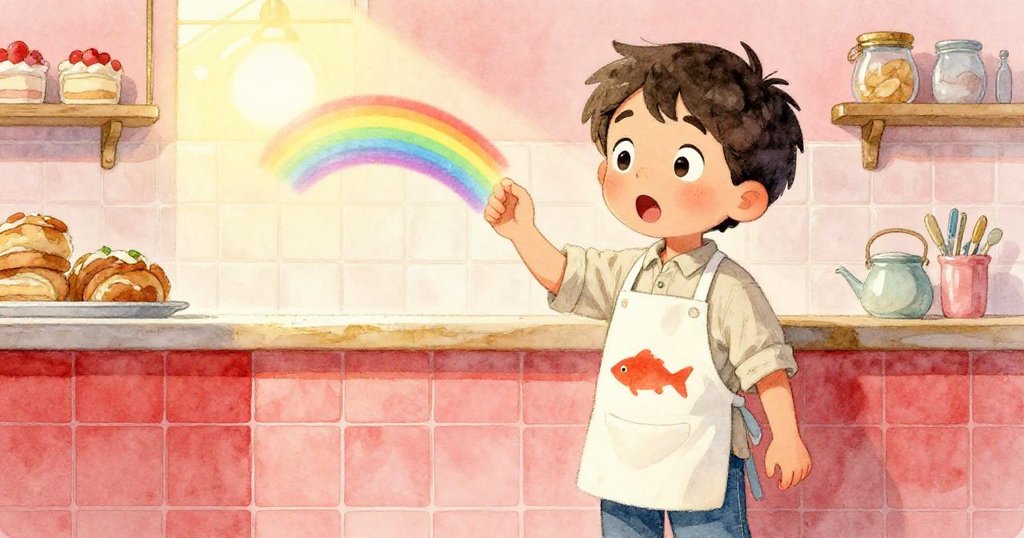 Jasper驚奇凝視著圍裙上彩虹魚影隨陽光折射而現，背景瓷磚牆映出夢幻光彩，充滿神奇感。