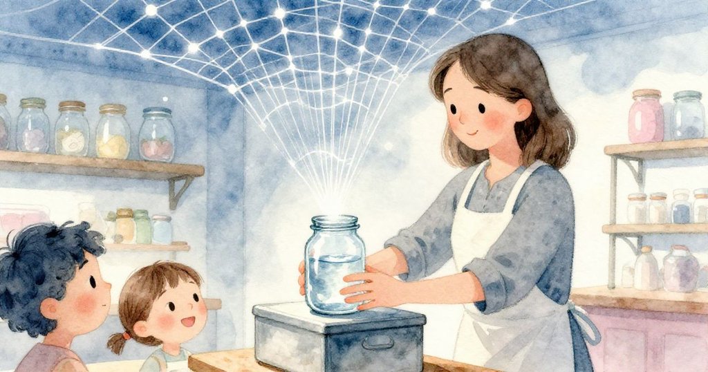 Vera輕放盛水玻璃罐於金屬盒上，折射出奇幻倒影光網映向天花板，表情溫柔滿含驚奇。