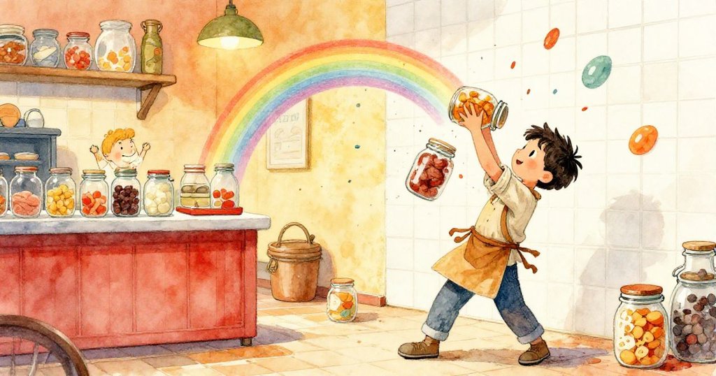 Jasper動作流暢調整玻璃瓶，令瓷磚牆上浮現流動彩虹，展現探索精神與滿滿熱情。