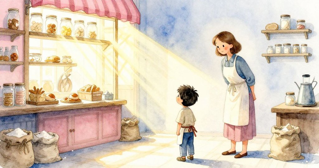 Vera與Jasper滿懷驚奇凝望陽光穿透玻璃瓶，越過麵粉袋投下細緻光網，傳達日常奇蹟的溫暖寓意。