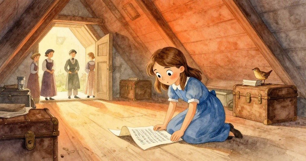 Wren在舊閣樓中忙著整理捲曲的樂譜，周圍有木箱與遠處移動的服務生，光影暖和且充滿神秘韻味。