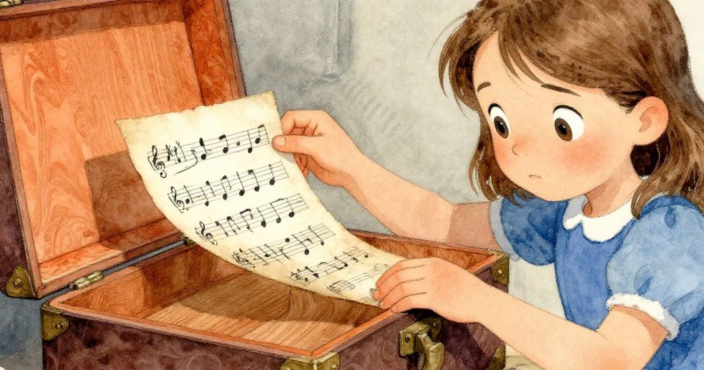 Wren專注觸摸捲曲的古樂譜與木箱細膩紋理，溫柔光線映襯出懷舊與細膩情感。