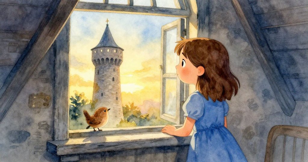 Wren站在小窗邊，凝望遠處被夕陽映照的孤塔，臉上流露出驚奇與柔和希望。