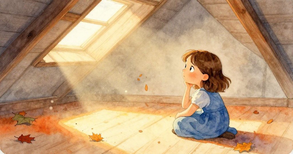 Wren在閣樓中靜觀金色光線中飛舞的塵埃與秋葉，感受時光流轉與季節暖意，神情深思。