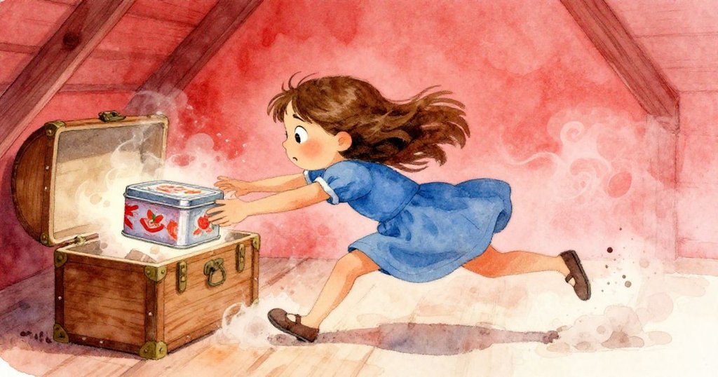 Wren急速躍起接住滑動的錫盒，木箱邊緣隨鼓點律動，塵埃飛舞中展現決心與緊張氣氛。