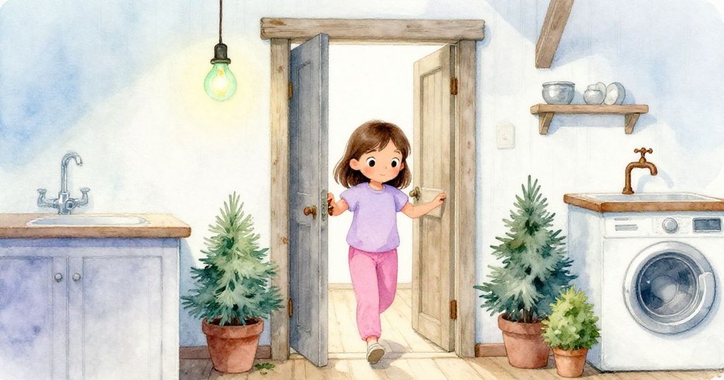 喬伊站在斑駁的洗衣房入口，好奇踏入室內，背景有閃爍綠燈泡與生鏽水龍頭，充滿溫馨期待感。