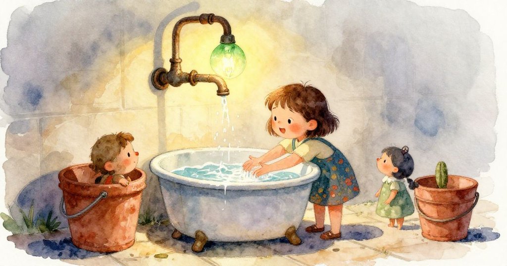 喬伊伸手浸入溫暖洗滌槽中，水波細膩蕩漾展現質感，手部動作充滿探索與喜悅情緒。