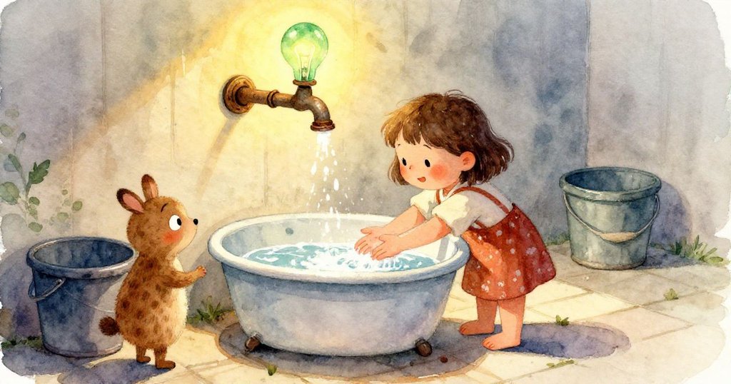 洗滌槽中映出斑駁光影，喬伊用木勺輕敲發出水波倒影，畫面詩意動感充滿溫柔細節。