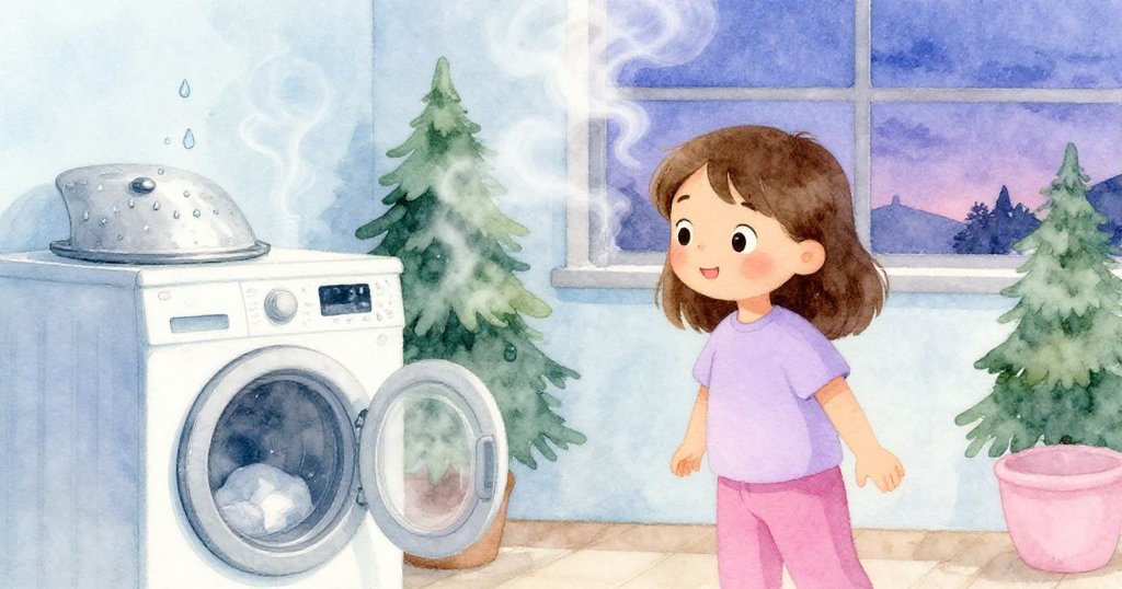 洗衣房隨光影由晨曦轉至黃昏，蒸汽與滴水營造神秘時間流動感，喬伊靜觀環境變化溫暖迷人。