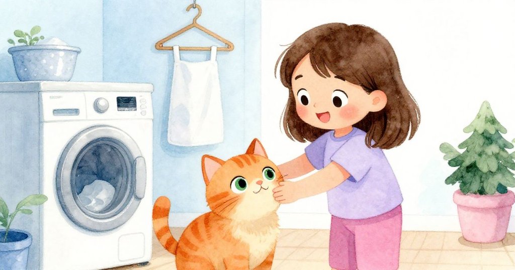 喬伊與好奇橙色圓貓開心互動，輕撫貓咪並觀察搖曳衣架與濕圍裙，展現家庭溫馨畫面。