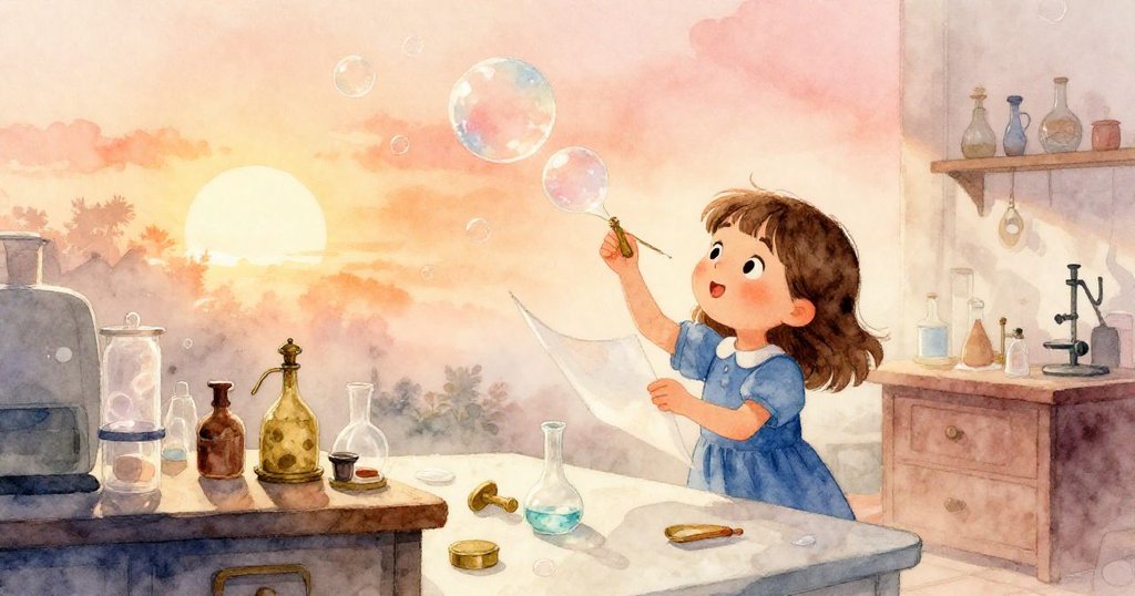 Joy在晨霧中於實驗室準備泡泡實驗，透過半開窗戶感受柔和陽光，表情充滿期待與專注。