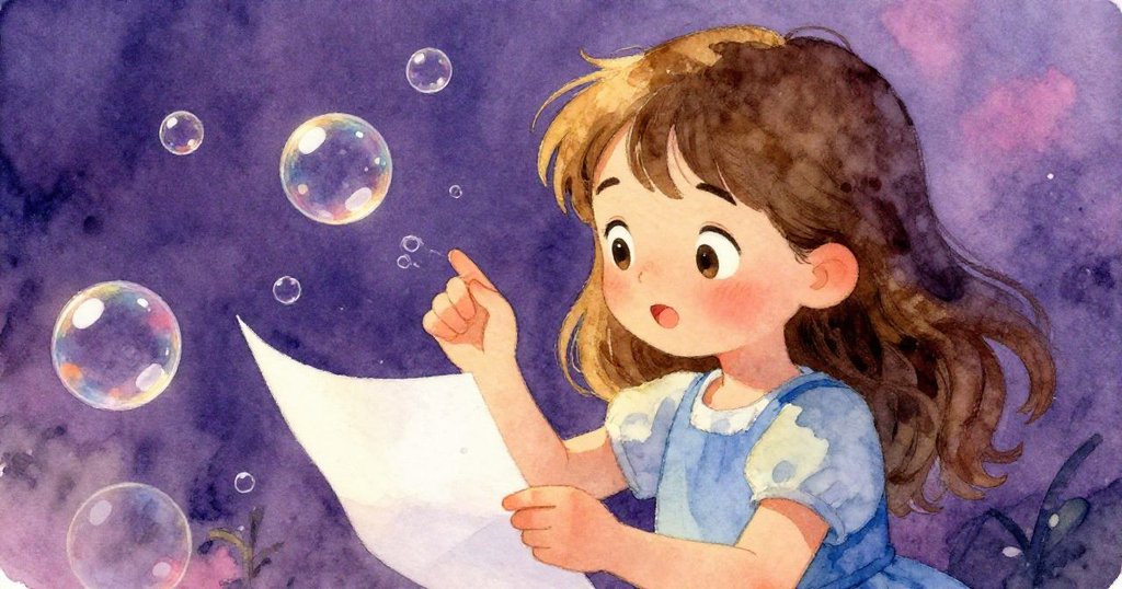 Joy聚精會神地專注於浮動的肥皂泡，她用鉛筆在描摹，臉上流露出驚喜與決心。