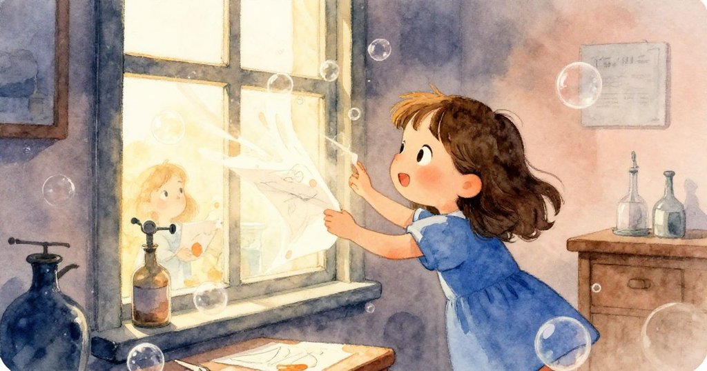 Joy靠近半開窗觀察室內一陣陣清風掀動紙張和泡泡，眼神充滿好奇與期待。