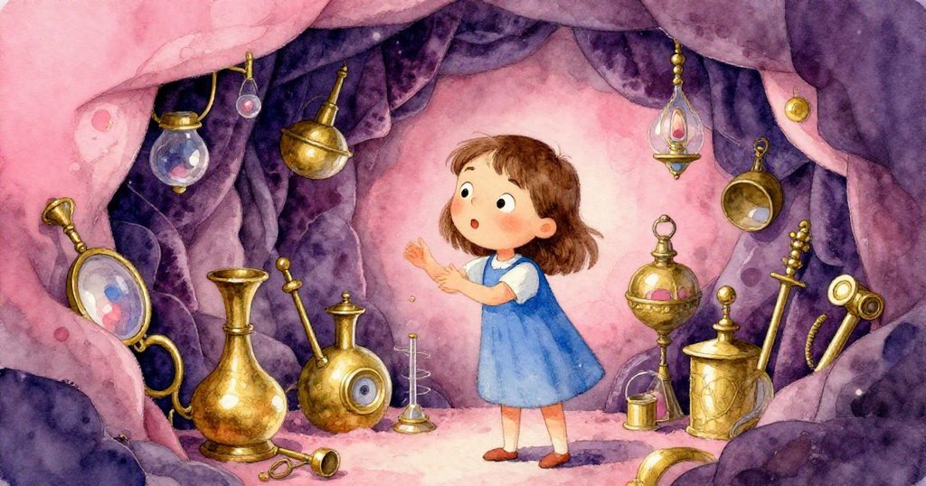 Joy在隱蔽角落細心觸摸深色天鵝絨與黃銅工具，神情流露探索與驚奇。