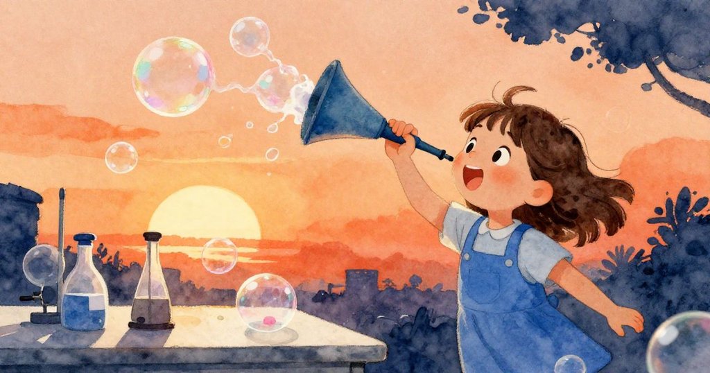 Joy活力十足地撥動橡膠風箱，帶動桌上肥皂泡舞動，充滿動感與歡樂。