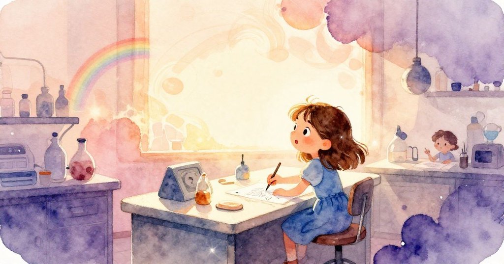 夕陽映照下，Joy仔細繪製彩虹紋路，桌上塵粉與泡圈訴說實驗終章，神情溫柔滿足。