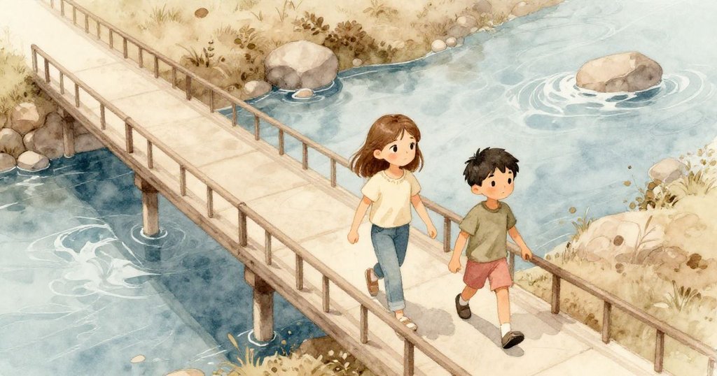 德莉婭與雅特拉斯在長橋上行走，從高空俯瞰河流和石頭，臉上充滿好奇與期待，場景明亮且充滿活力。