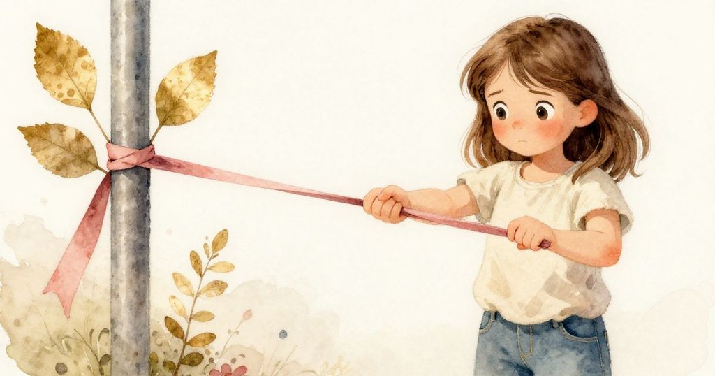 德莉婭專注地將細橡皮筋套在鋼柱上，橡皮筋如緞帶般閃爍，日光柔和，充滿藝術與認真情感。