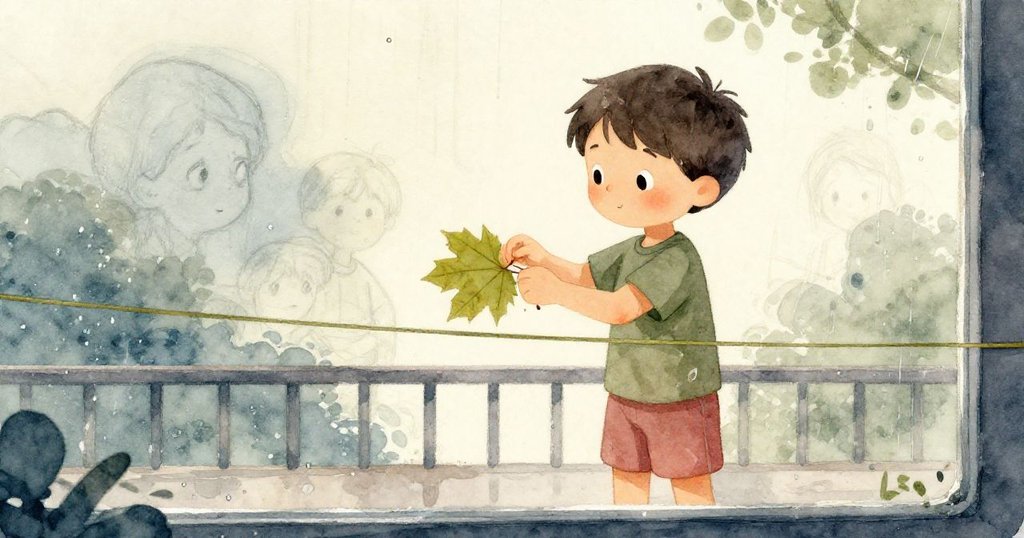 雅特拉斯透過點滴雨痕的窗戶，輕推楓葉落在橡皮筋後，背景隱約有日記草圖，場景情感細膩且帶點神秘。