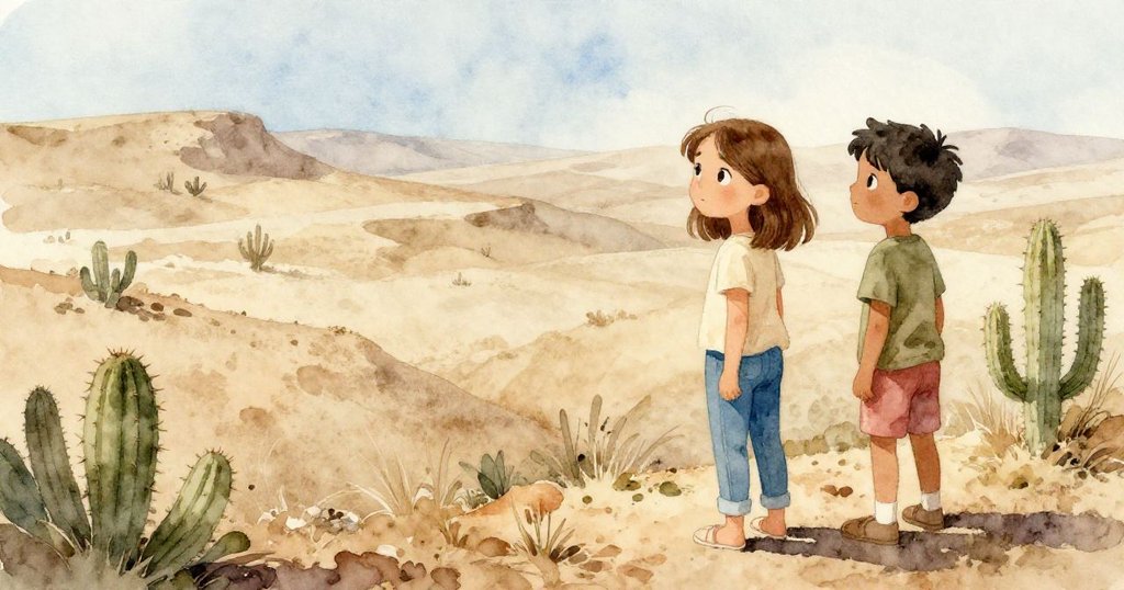 德莉婭與雅特拉斯站在遼闊的高原上欣賞散落仙人掌，眼神滿含驚奇與沉思，日光照耀下景色自然且生動。