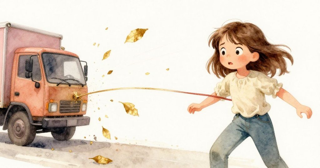 德莉婭快速轉身用肩穩住下垂的橡皮筋，橡皮筋拉扯著楓葉，遠處卡車隆隆駛過，場景充滿緊張與決心。