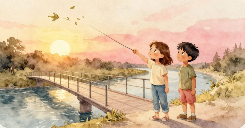 德莉婭與雅特拉斯在夕陽下靜立，橡皮筋輕垂楓葉隨風飄舞，遠處河水低語，場景溫暖平靜充滿收穫感。