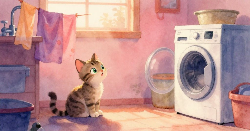 在溫暖的洗衣房中，小貓Kitty躲在晨霧中，靠近閃著光澤的水龍頭，表情充滿好奇與警覺，展開冒險序幕。