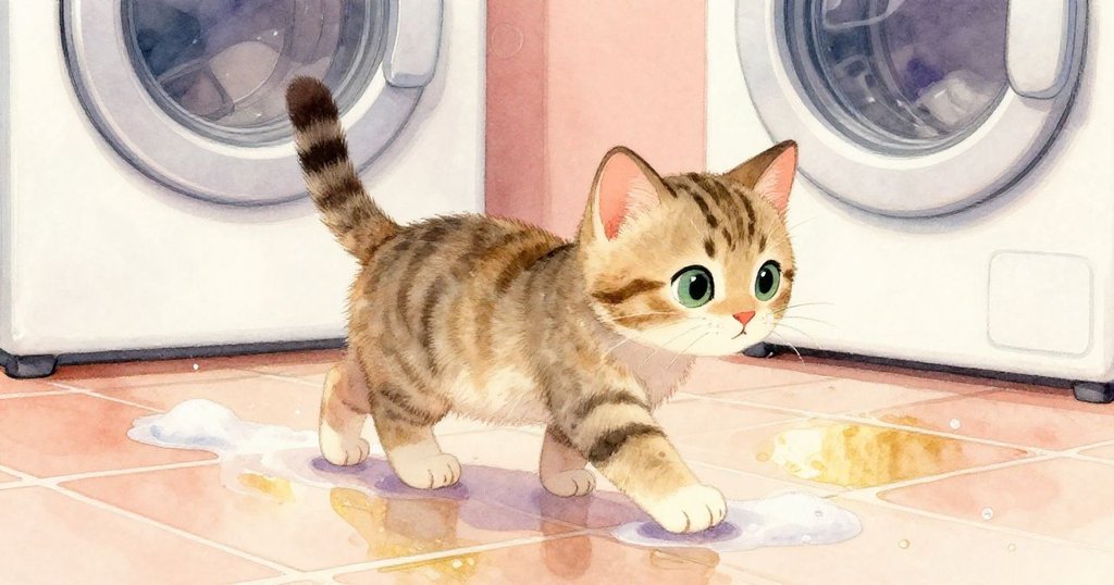 小貓Kitty輕輕踏過濕滑的瓷磚，地面上有白色粉末堆積，牠的小爪印清晰展現勇敢探索的腳步。