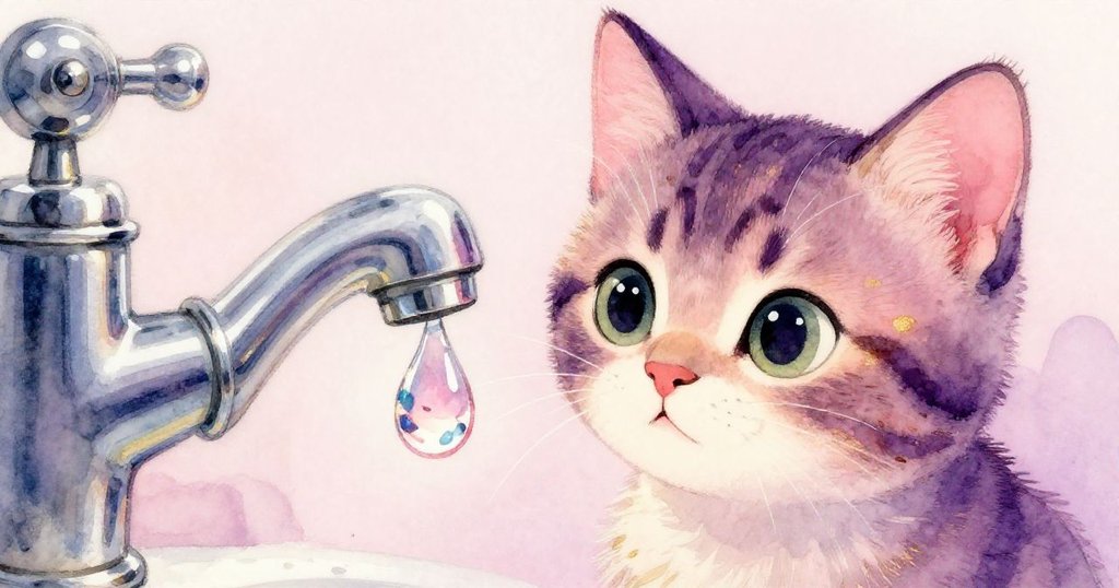 近距離展現Kitty的面容於水珠反射中映出好奇神情，燈光輕柔，細節豐富，揭示下一段冒險。