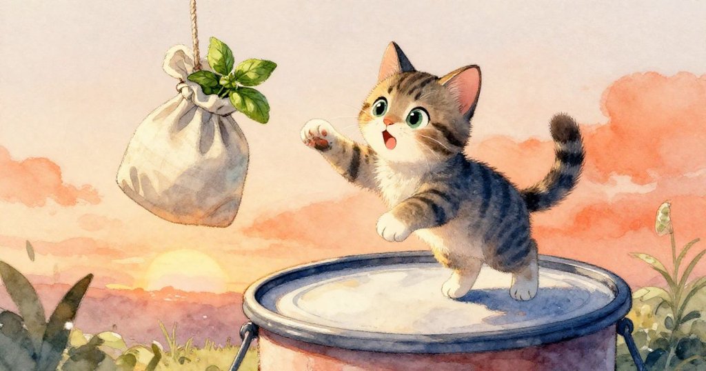 從高處視角觀看，Kitty在洗衣機邊沿跳躍，試圖碰觸上方搖晃的羅勒布袋，充滿活力與期待。