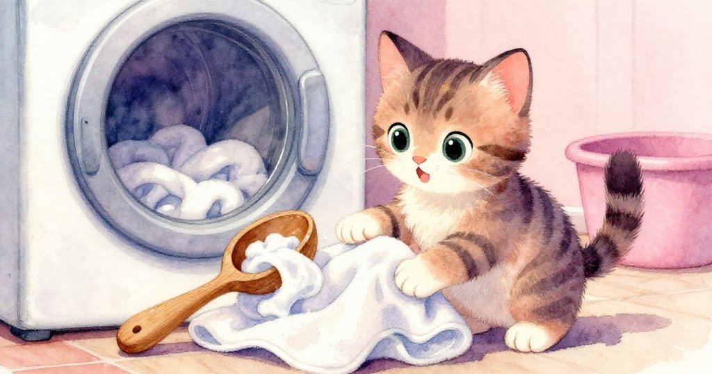 Kitty與木製鏟子和濕毛巾互動，牠用牙齒牢牢抓住鏟子並拉動毛巾，臉上流露出驚奇與機智。